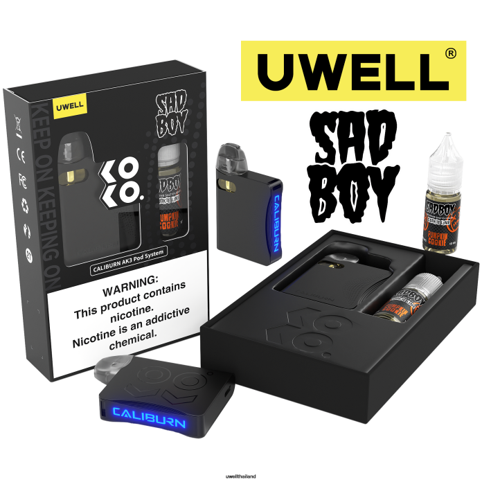 UWELL CALIBURN AK3 ชุด + a3s 0.8ohm พ็อด (x2) + daddy's vapour 10ml เกลือ 50 มก. VPTB239 crl: ดำ/flv: คุกกี้ฟักทอง 50มก - UWELL Bangkok