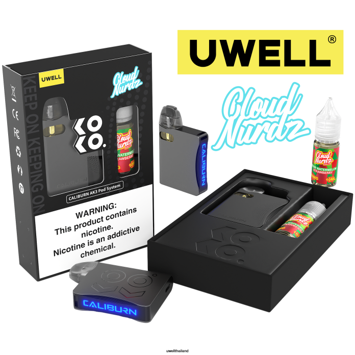 UWELL CALIBURN AK3 ชุด + a3s 0.8ohm พ็อด (x2) + daddy's vapour 10ml เกลือ 50 มก. VPTB240 crl: grey/flv: สตรอเบอร์รี่แตงโมเปรี้ยว 50มก - UWELL Vape Disposable