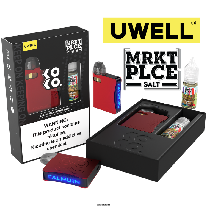 UWELL CALIBURN AK3 ชุด + a3s 0.8ohm พ็อด (x2) + daddy's vapour 10ml เกลือ 50 มก. VPTB244 crl: แดง/flv: เบอร์รี่ต้องห้าม 50มก - UWELL Disposable Vape